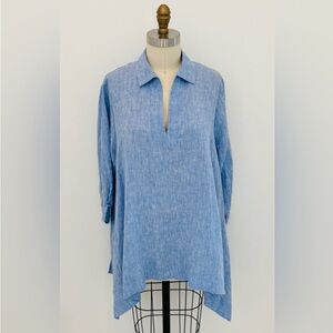Pine Cone Hill Annie Selke Linen Tunic NWOT Pull-Over Blue Shark-bite Hem S/M